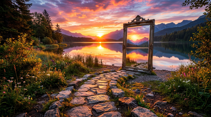 A large ornate mirror on a stone path reflecting a sunset over a lake and mountains
