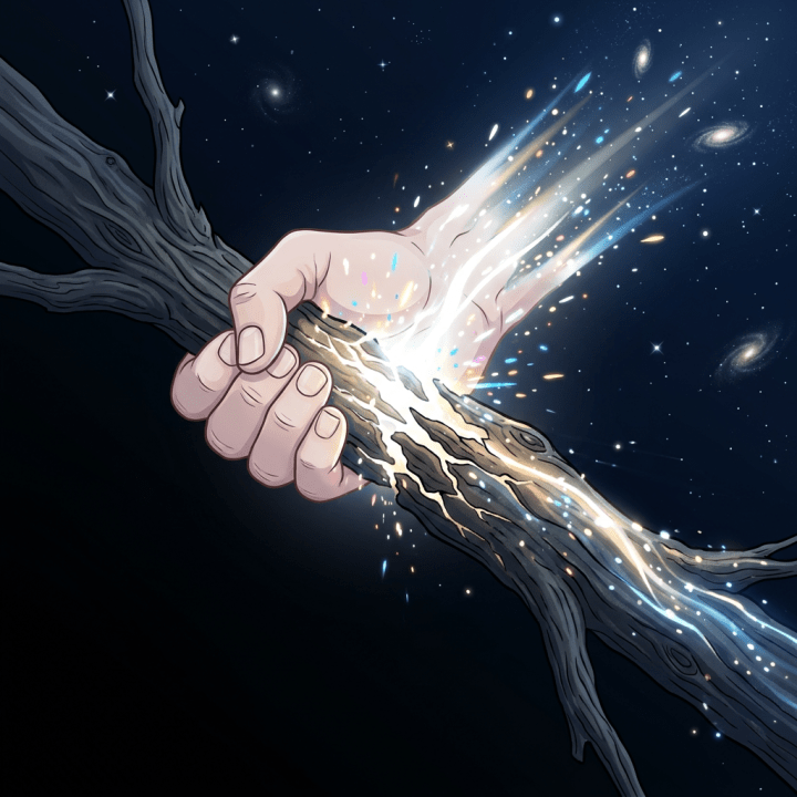 Hand gripping a glowing wooden branch with cosmic light and stars emitting from it